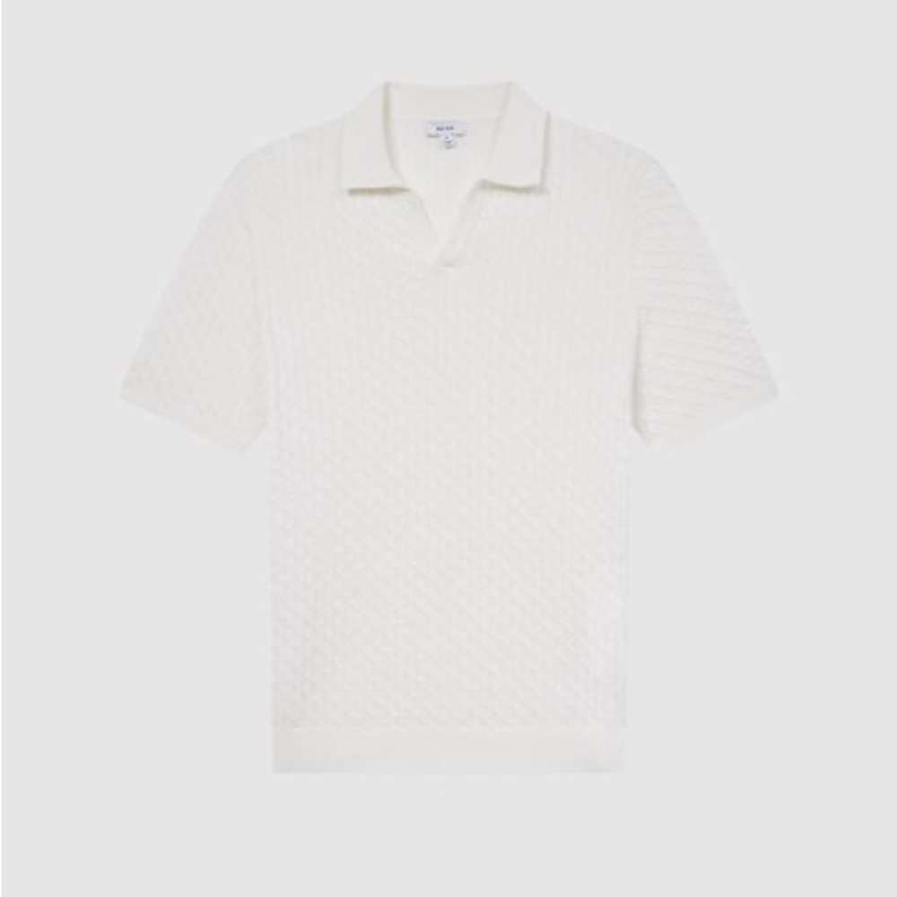 Reiss white cream cable knit v neck polo shirt - Picture 3 of 8